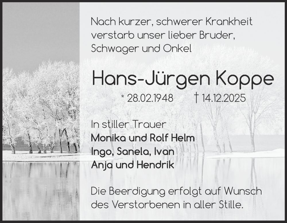  Traueranzeige für Hans-Jürgen Koppe vom 03.01.2026 aus Trauerkombi Wittenberg