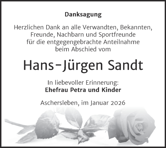 Traueranzeige von Hans-Jürgen Sandt von Trauerkombi Aschersleben