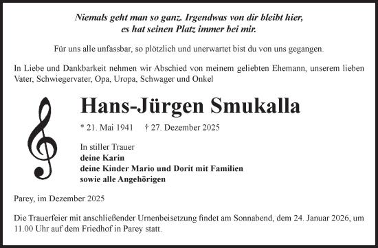 Traueranzeige von Hans-Jürgen Smukalla von Volksstimme Burg/Genthin