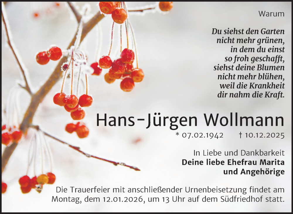  Traueranzeige für Hans-Jürgen Wollmann vom 03.01.2026 aus Mitteldeutsche Zeitung Halle/Saalkreis
