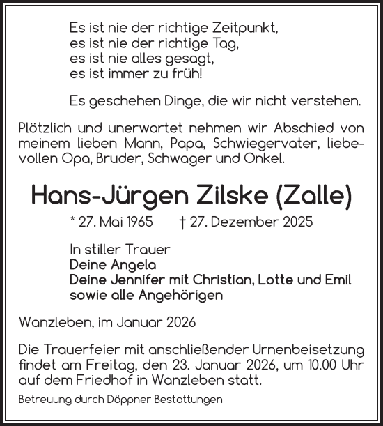 Traueranzeige von Hans-Jürgen Zilske von Volksstimme Oschersleben/Wanzleben
