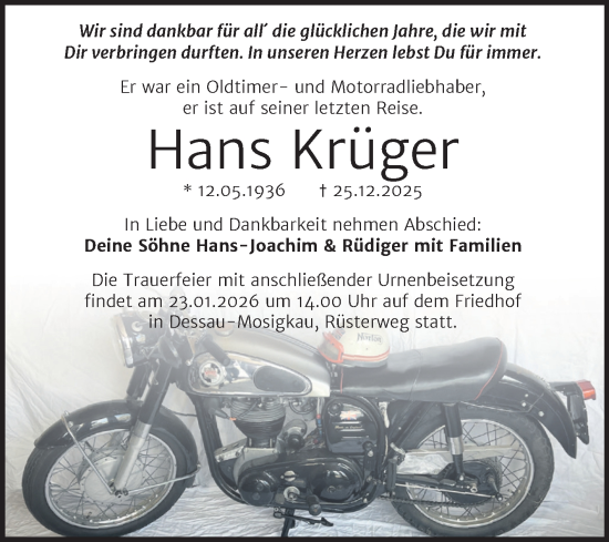 Traueranzeige von Hans Krüger von Trauerkombi Dessau