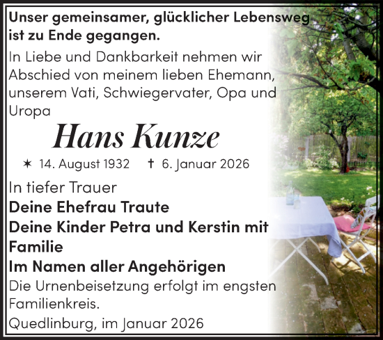 Traueranzeige von Hans Kunze von Trauerkombi Quedlinburg