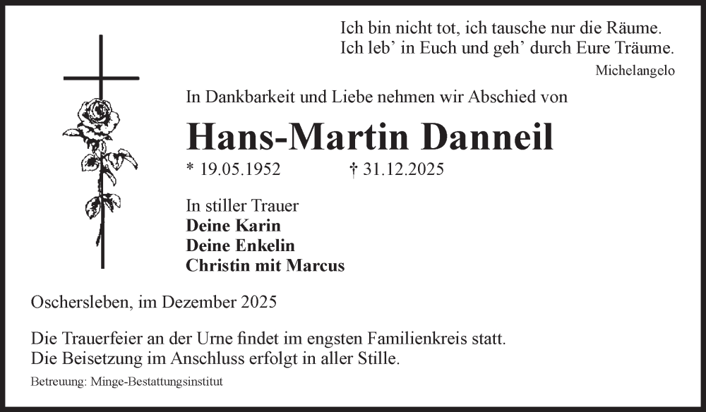  Traueranzeige für Hans-Martin Danneil vom 10.01.2026 aus Volksstimme Oschersleben/Wanzleben