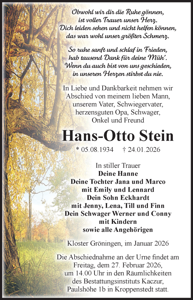  Traueranzeige für Hans-Otto Stein vom 31.01.2026 aus Volksstimme Oschersleben/Wanzleben