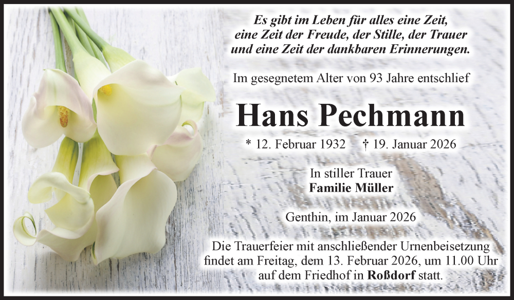  Traueranzeige für Hans Pechmann vom 31.01.2026 aus Volksstimme Burg/Genthin