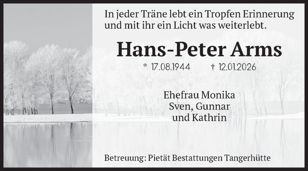  Traueranzeige für Hans-Peter Arms vom 24.01.2026 aus Volksstimme Altmark Ost