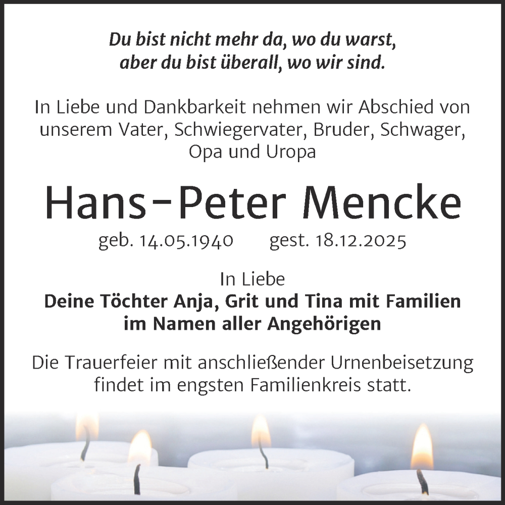  Traueranzeige für Hans-Peter Mencke vom 10.01.2026 aus Trauerkombi Bitterfeld