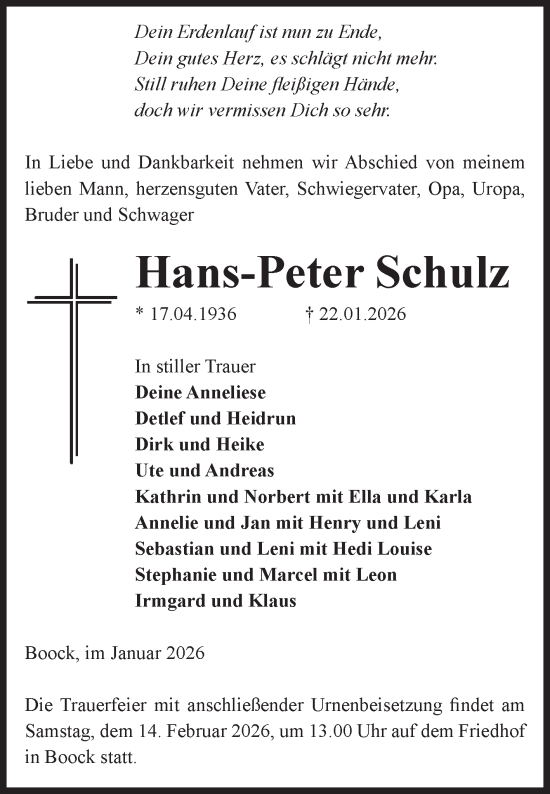 Traueranzeige von Hans-Peter Schulz von Volksstimme Altmark Ost