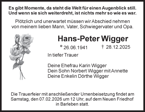 Traueranzeige von Hans-Peter Wigger von Volksstimme Magdeburg