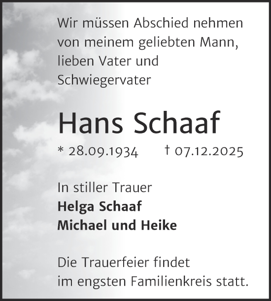 Traueranzeige von Hans Schaaf von Mitteldeutsche Zeitung Halle/Saalkreis