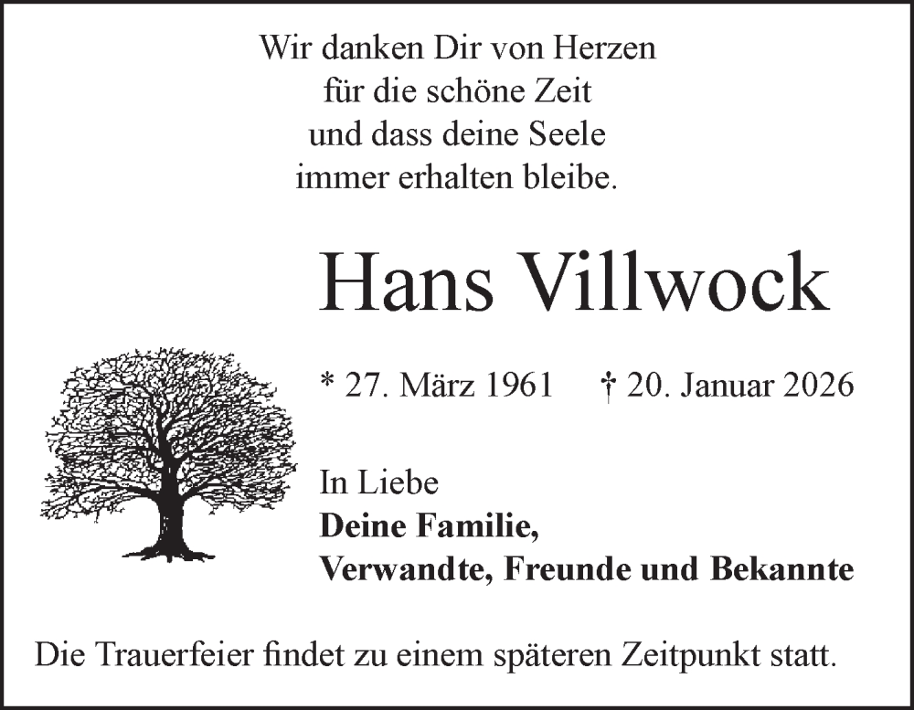  Traueranzeige für Hans Villwock vom 31.01.2026 aus Volksstimme Altmark Ost