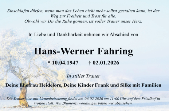 Traueranzeige von Hans-Werner Fahring von Trauerkombi Bitterfeld
