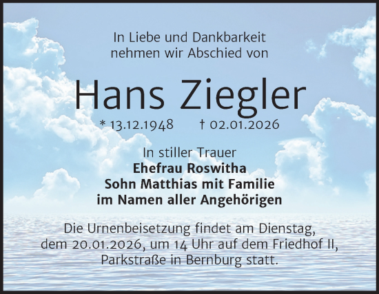 Traueranzeige von Hans Ziegler von Trauerkombi Bernburg