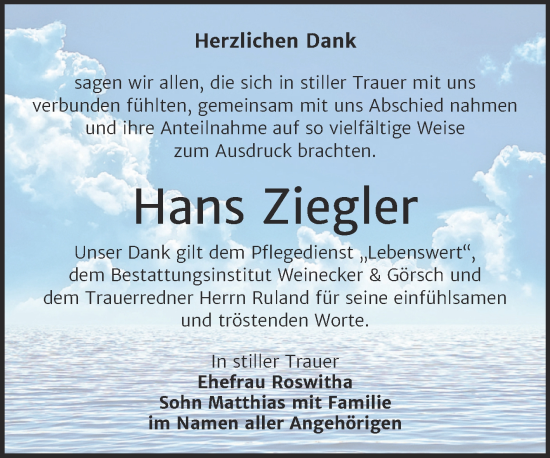 Traueranzeige von Hans Ziegler von Trauerkombi Bernburg