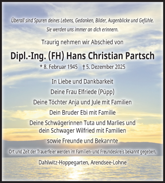 Traueranzeige von Hans Christian Partsch von Volksstimme Altmark West