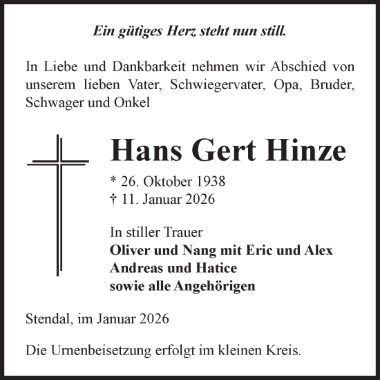Traueranzeige von Hans Gert Hinze von Volksstimme Altmark Ost