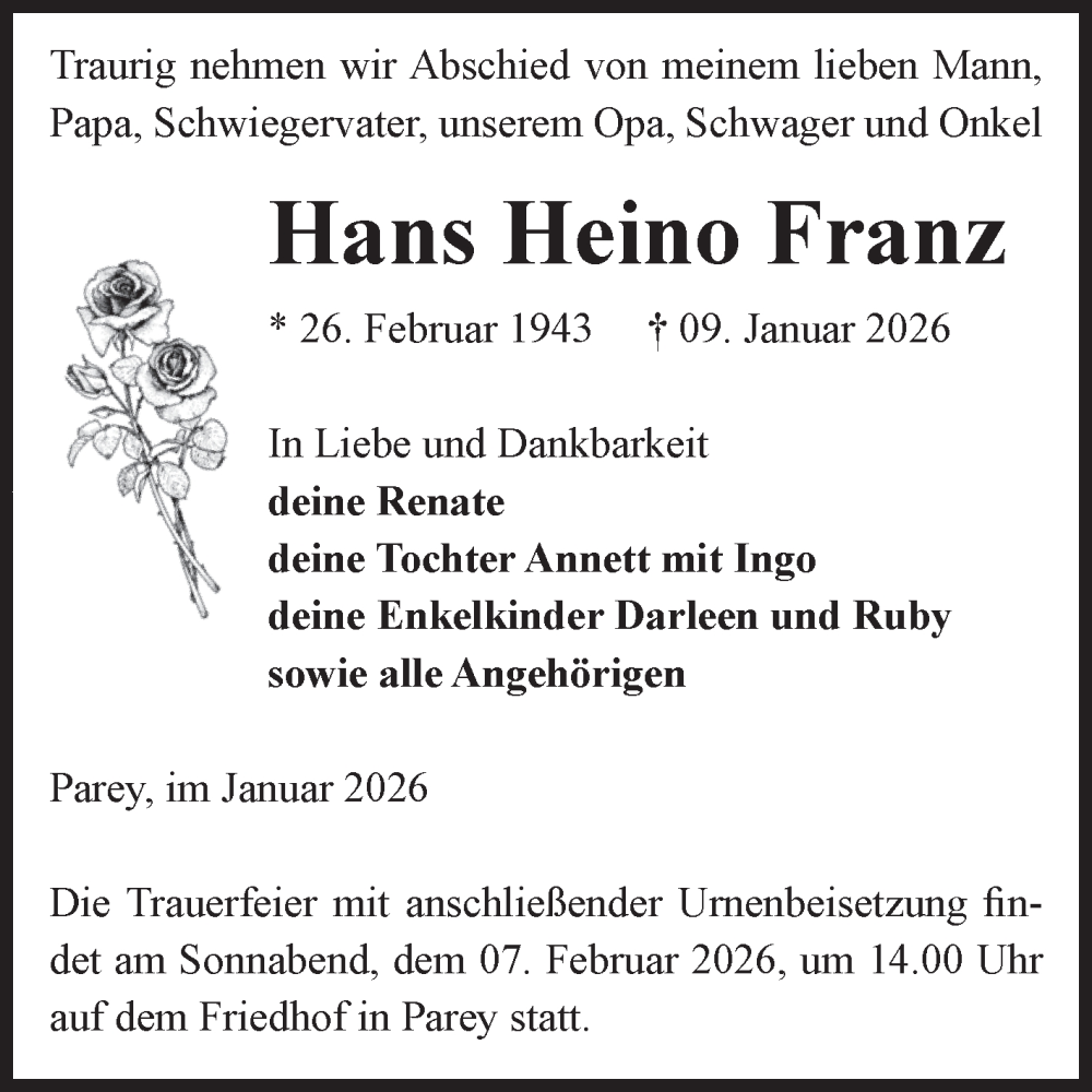  Traueranzeige für Hans Heino Franz vom 24.01.2026 aus Volksstimme Burg/Genthin