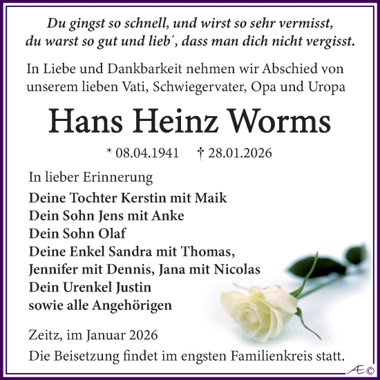 Traueranzeige von Hans Heinz Worms von Trauerkombi Zeitz