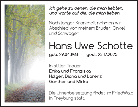 Traueranzeige von Hans Uwe Schotte von Mitteldeutsche Zeitung Halle/Saalkreis