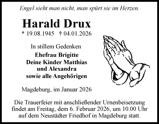 Traueranzeige von Harald Drux von Volksstimme Magdeburg