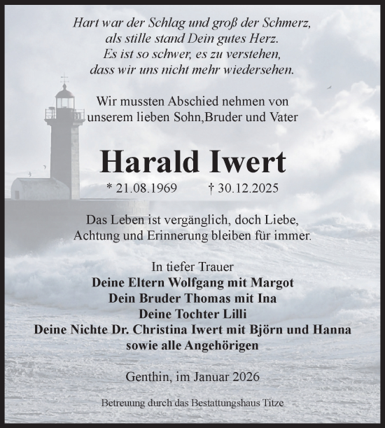 Traueranzeige von Harald Iwert von Volksstimme Burg/Genthin