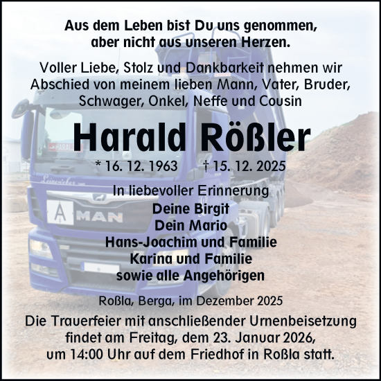 Traueranzeige von Harald Rößler von Trauerkombi Sangerhausen