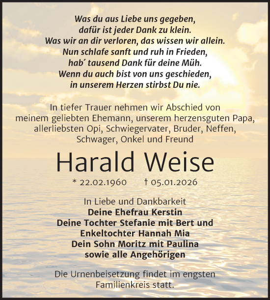 Traueranzeige von Harald Weise von Trauerkombi Wittenberg