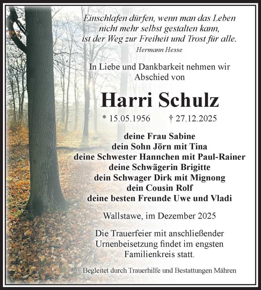  Traueranzeige für Harri Schulz vom 03.01.2026 aus Volksstimme Altmark West