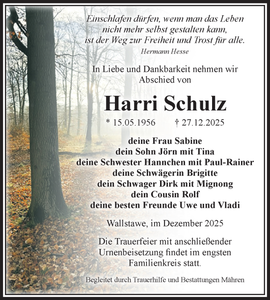 Traueranzeige von Harri Schulz von Volksstimme Altmark West