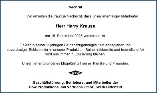 Traueranzeige von Harry Krause von Mitteldeutsche Zeitung Bitterfeld