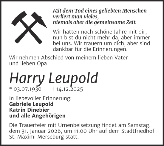 Traueranzeige von Harry Leupold von Trauerkombi Merseburg