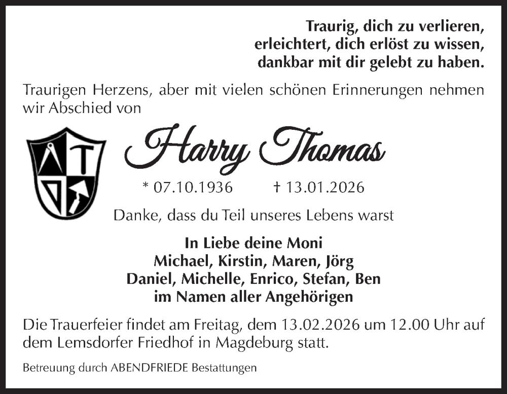  Traueranzeige für Harry Thomas Thomas vom 24.01.2026 aus Volksstimme Magdeburg