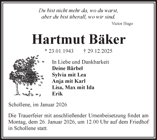 Traueranzeige von Hartmut Bäker von Volksstimme Altmark Ost