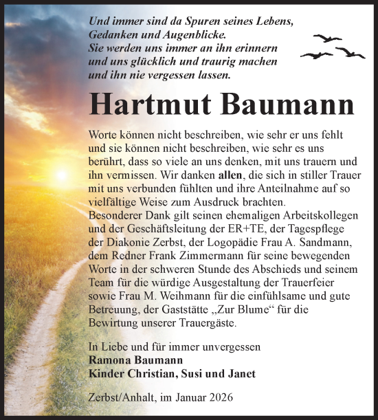 Traueranzeige von Hartmut Baumann von Volksstimme Zerbst