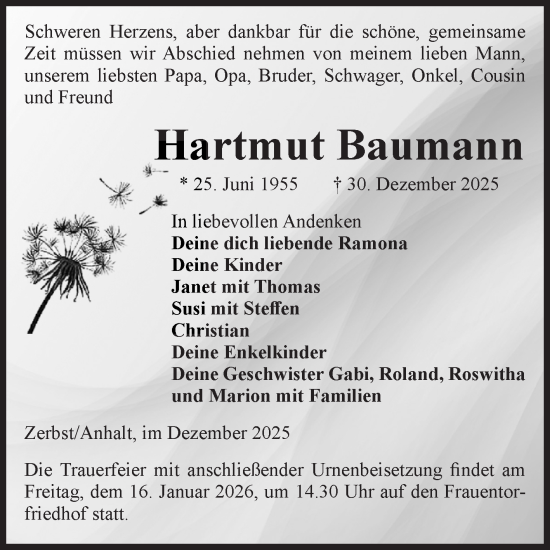 Traueranzeige von Hartmut Baumann von Volksstimme Zerbst