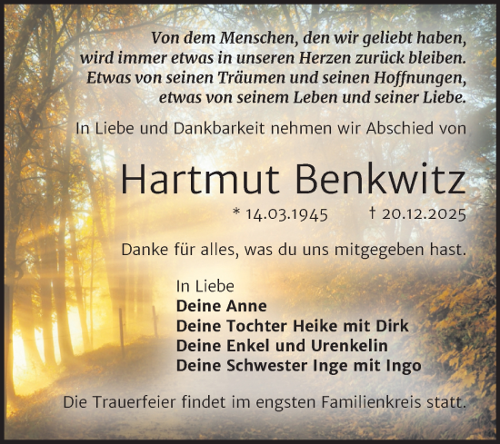 Traueranzeige von Hartmut Benkwitz von Mitteldeutsche Zeitung Halle/Saalkreis