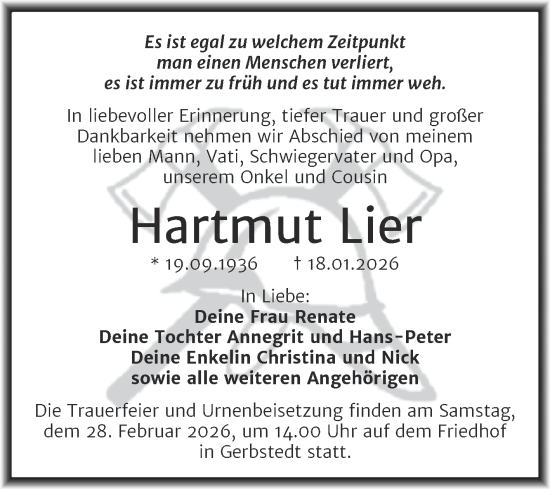 Traueranzeige von Hartmut Lier von Trauerkombi Mansfelder Land