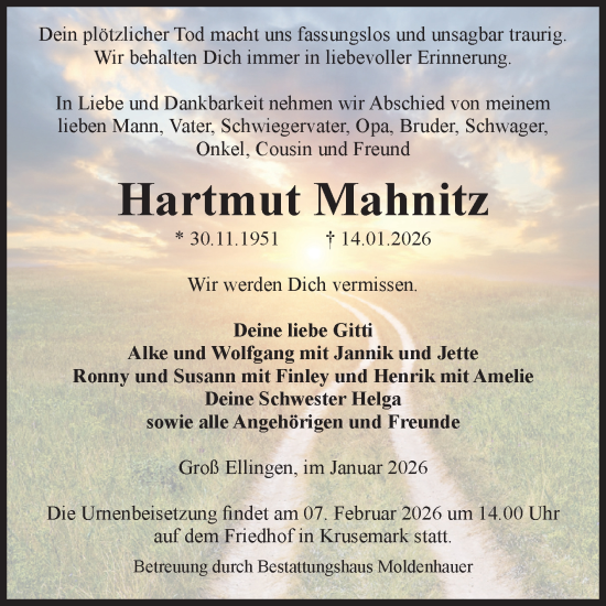 Traueranzeige von Hartmut Mahnitz von Volksstimme Altmark Ost