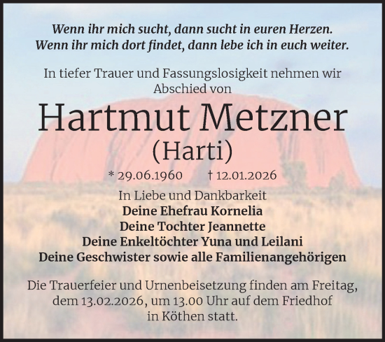 Traueranzeige von Hartmut Metzner von Trauerkombi Köthen