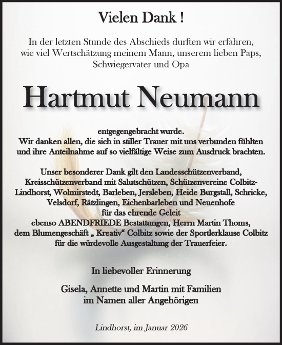 Traueranzeige von Hartmut Neumann von Volksstimme Haldensleben/Wolmirstedt