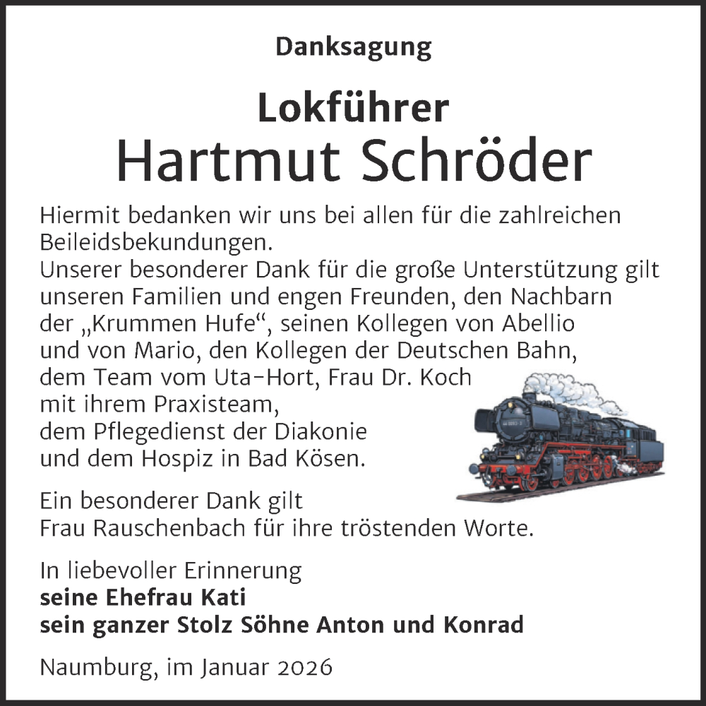  Traueranzeige für Hartmut Schröder vom 24.01.2026 aus Naumburger Tageblatt