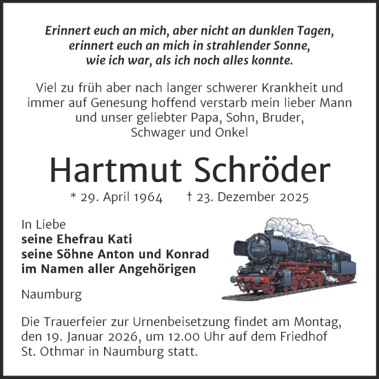 Traueranzeige von Hartmut Schröder von Naumburger Tageblatt