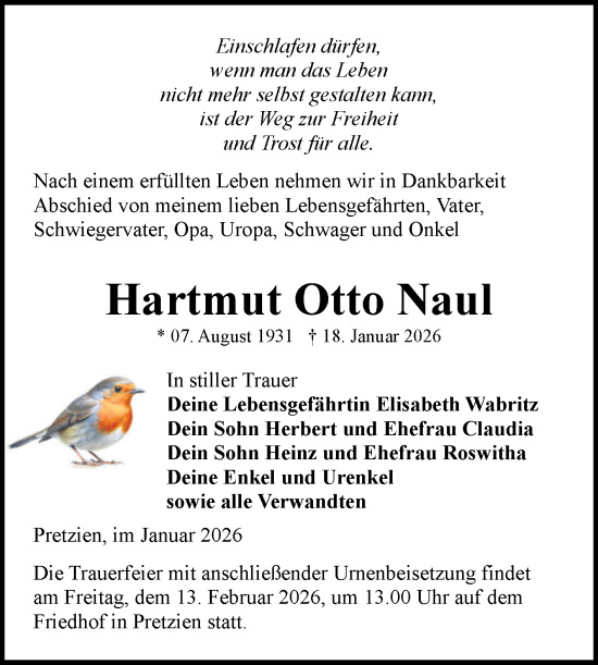 Traueranzeige von Hartmut Otto Naul von Volksstimme Schönebeck