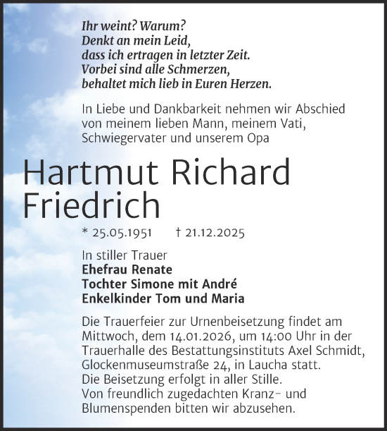 Traueranzeige von Hartmut Richard Friedrich von Trauerkombi Merseburg