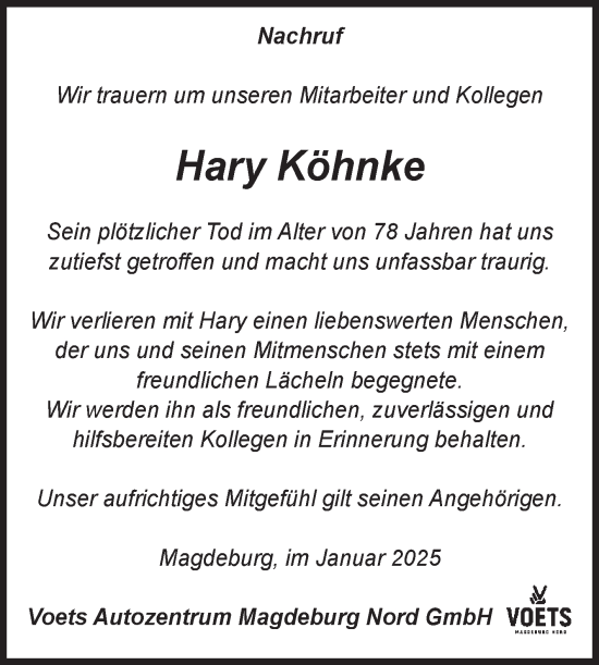 Traueranzeige von Hary Köhnke von Volksstimme Magdeburg
