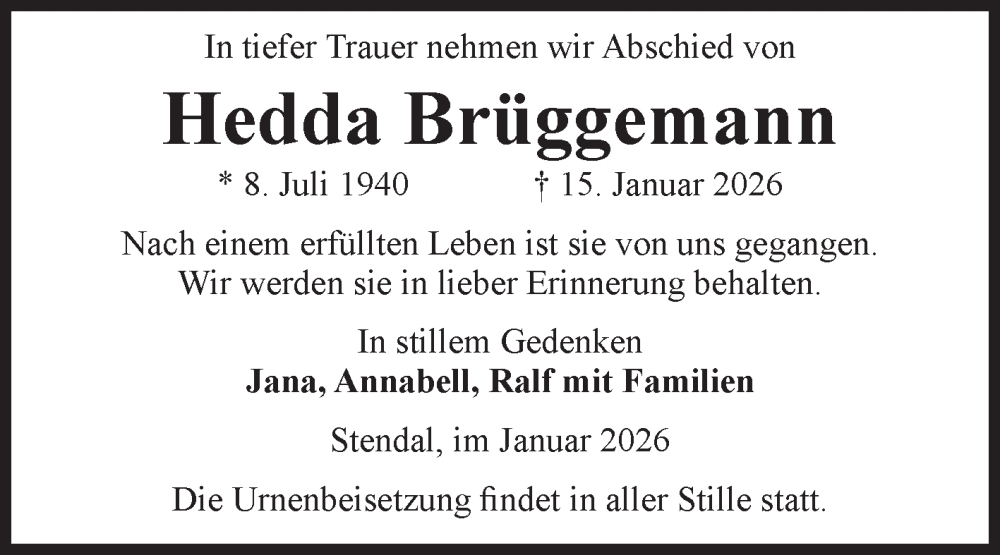  Traueranzeige für Hedda Brüggemann vom 30.01.2026 aus Volksstimme Altmark Ost