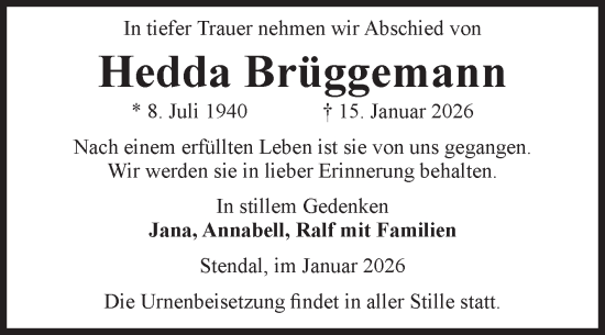 Traueranzeige von Hedda Brüggemann von Volksstimme Altmark Ost