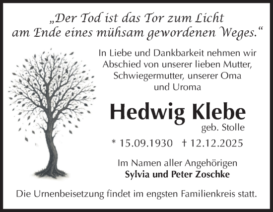 Traueranzeige von Hedwig Klebe von Volksstimme Haldensleben/Wolmirstedt