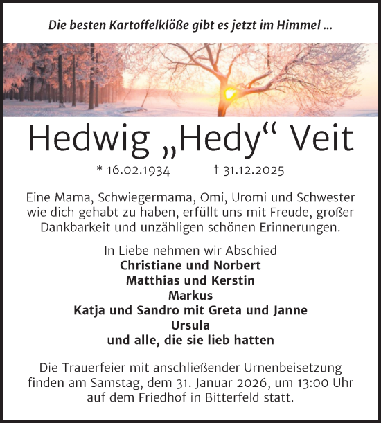 Traueranzeige von Hedwig „Hedy“ Veit von Trauerkombi Bitterfeld